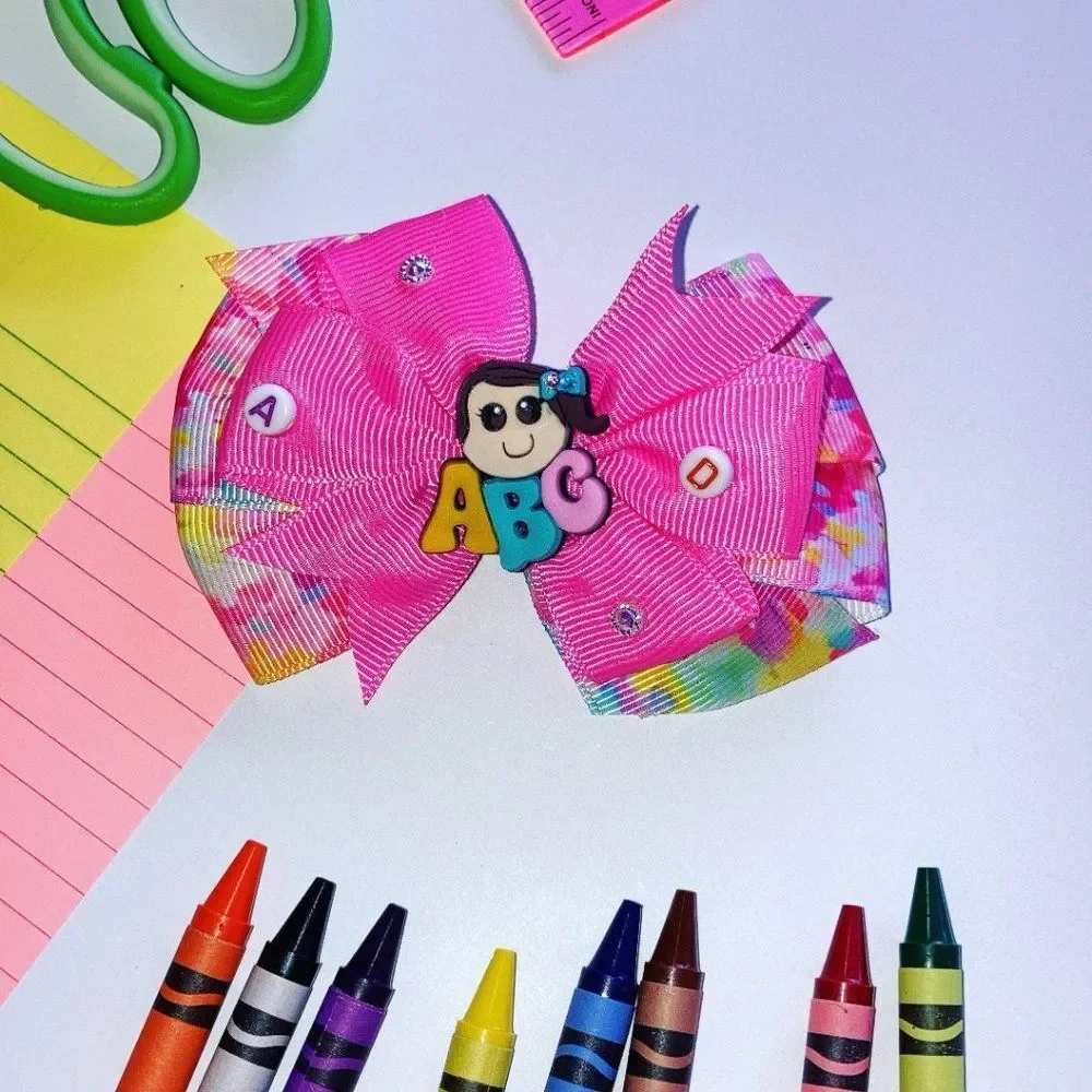 BACK to SCHOOL Hair Bow Clips, Tie Dye Hair Accessories for Girls Handmade NEW